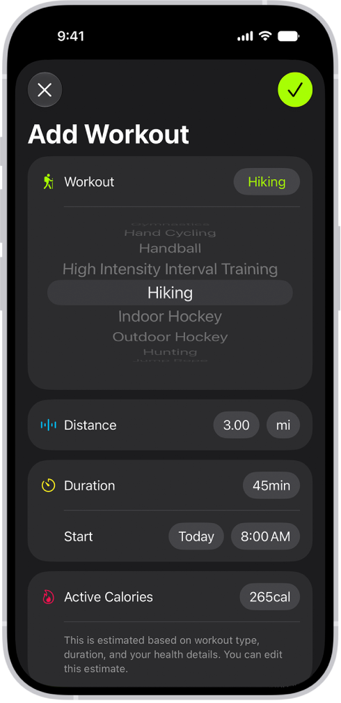 L’écran de l’app Fitness affichant un exercice enregistré. Des mesures indiquant la distance parcourue, la durée, la date et les calories brûlées en activité apparaissent sous la liste des exercices.