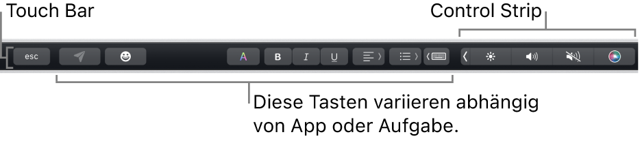 Die Touch&nbsp;Bar oben quer über der Tastatur mit dem reduzierten Control&nbsp;Strip rechts und Tasten, die je nach App oder Aufgabe variieren.