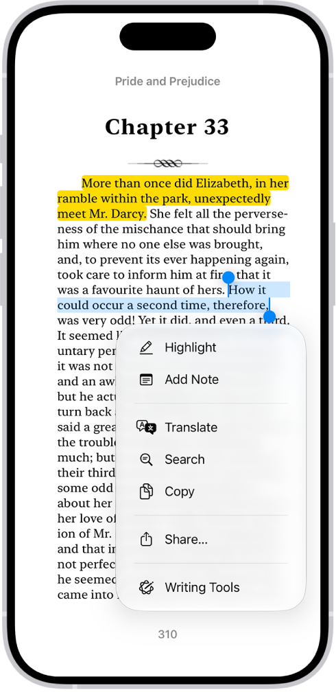 A page of a book in the Books app, with a portion of the page’s text selected. The Highlight, Add Note, and Translate controls are above the selected text.