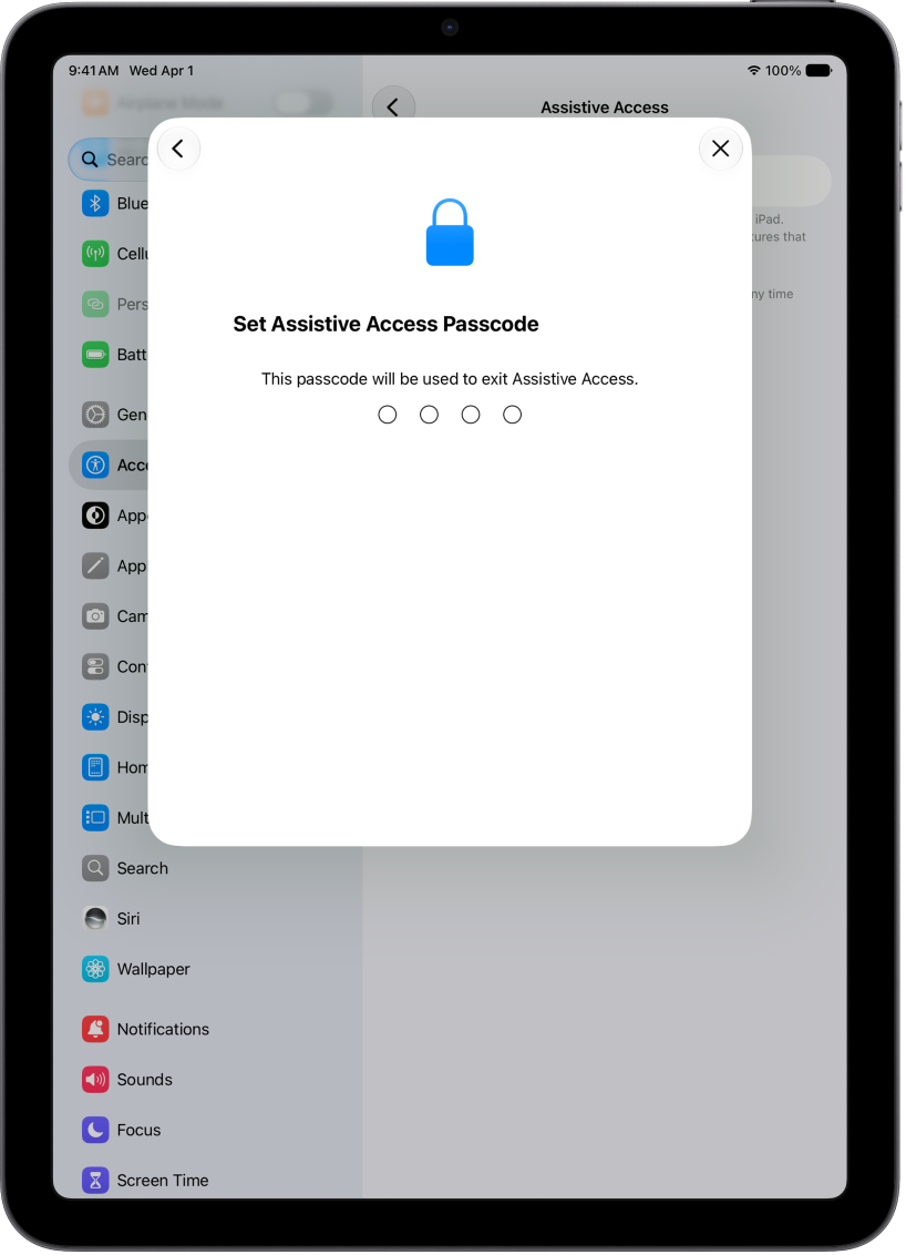 An iPad showing the screen for setting the Assistive Access passcode used when entering and exiting Assistive Access.