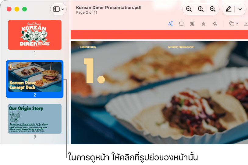 PDF ที่มีรูปย่อถูกแสดงในแถบด้านข้าง