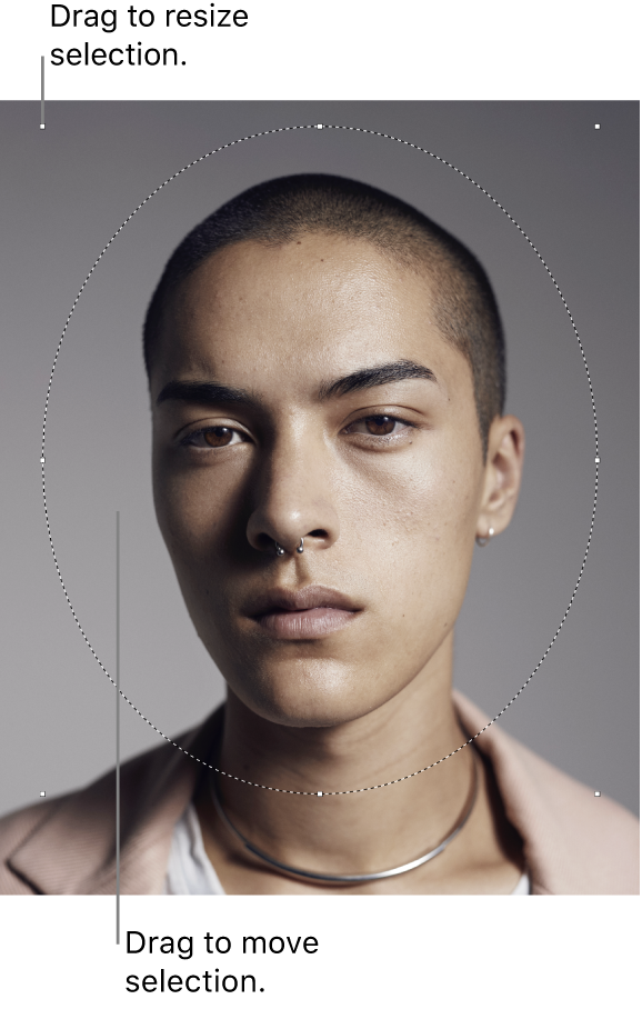 A photo of a person with an oval selection surrounding their head.
