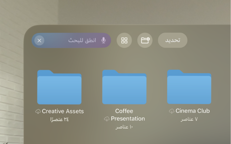 تطبيق الملفات على Apple&nbsp;Vision&nbsp;Pro، والذي يعرض حقل البحث مميزًا أثناء تنشيط الإملاء.