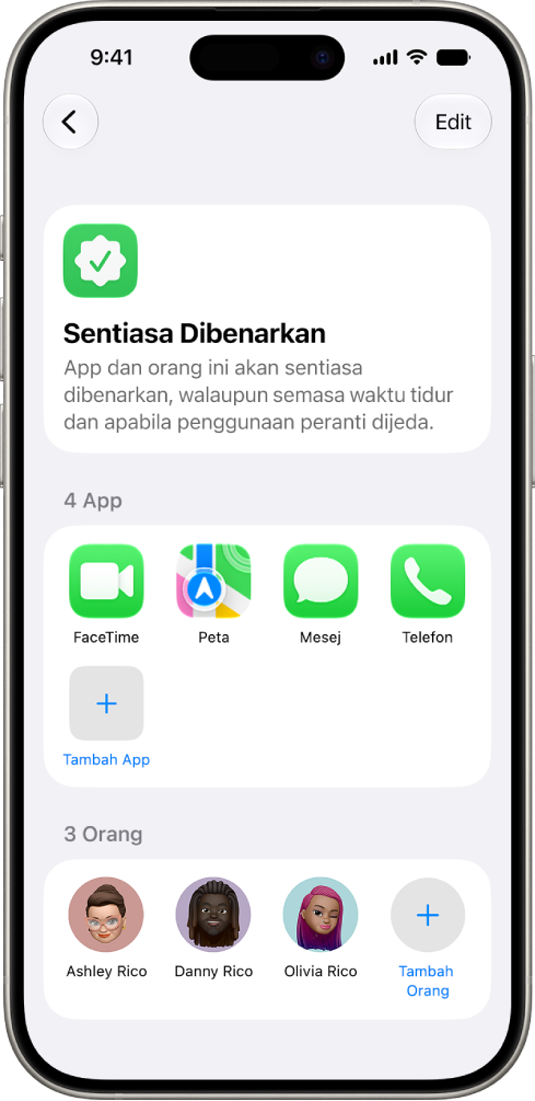 Skrin Sentiasa Dibenarkan dalam seting Masa Skrin menunjukkan app dan kenalan yang dibenarkan pada setiap masa.