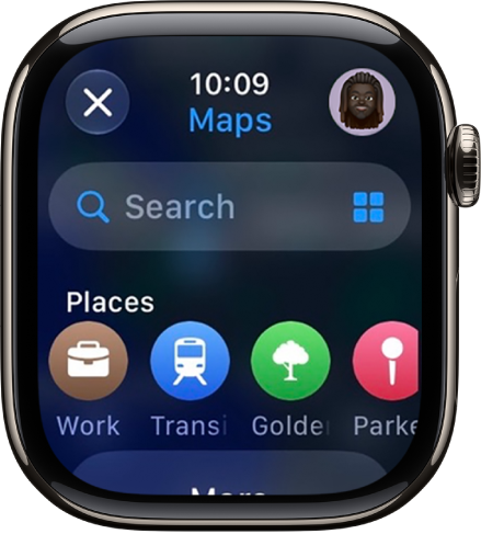 नक्शा ऐप में खोजें स्क्रीन, जिसमें शीर्ष के पास खोजें फ़ील्ड है। नीचे हालिया खोज की एक सूची दिखाई देती है।