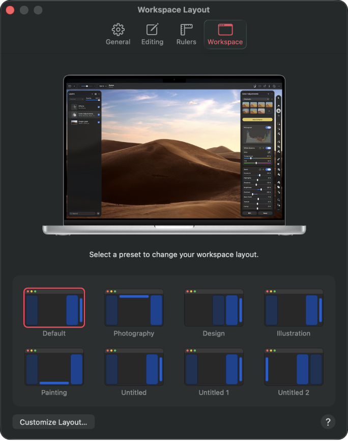 The Workspace Layout settings pane.
