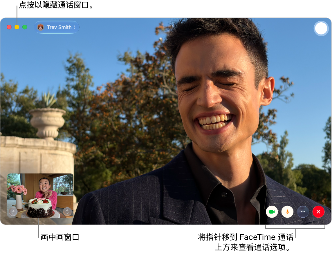 将指针移到 FaceTime 通话窗口上来查看“边栏”、“摄像头”、“静音”、“屏幕共享”、“结束通话”和“实况照片”按钮。点按左上角的中间按钮以隐藏通话窗口。画中画窗口显示在左下角。