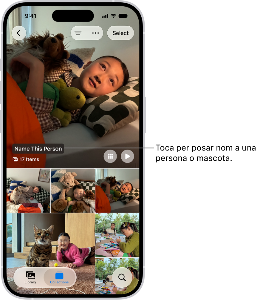 La col·lecció “Persones i mascotes”, a l’app Fotos. Els grups es mostren a la part superior i les persones i les mascotes s’enumeren a sota.