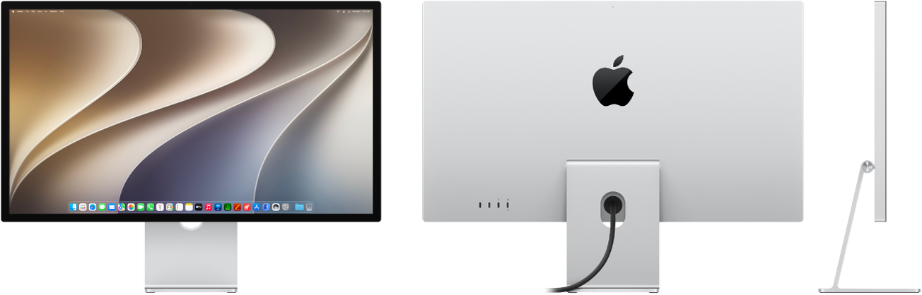 Front view, back view, and side view of Studio Display.