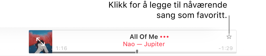 Toppen av Apple Music med en låt som spilles av. Klikk på Merk som favoritt-knappen til høyre for låttittelen for å merke låten som spilles, som favoritt.