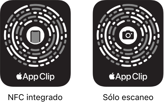 A la izquierda, un código de App Clip con NFC integrado con un ícono de iPhone en el centro. A la derecha, un código de App Clip de escaneo con un ícono de cámara en el centro.