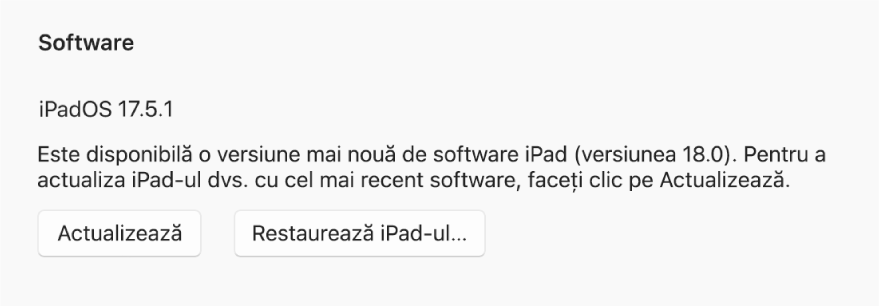 Butonul “Actualizează” apare lângă butonul “Restaurează dispozitivul”.