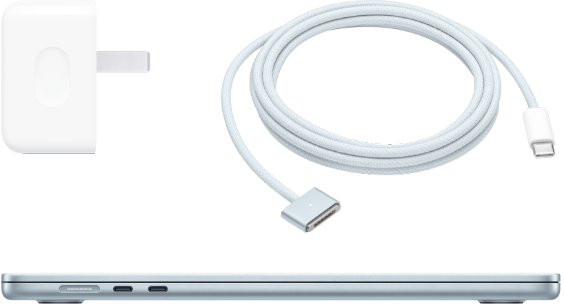 MacBook Air side view with power adapter and charge cable.