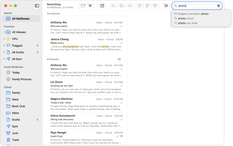 A mail window showing the results of a search.