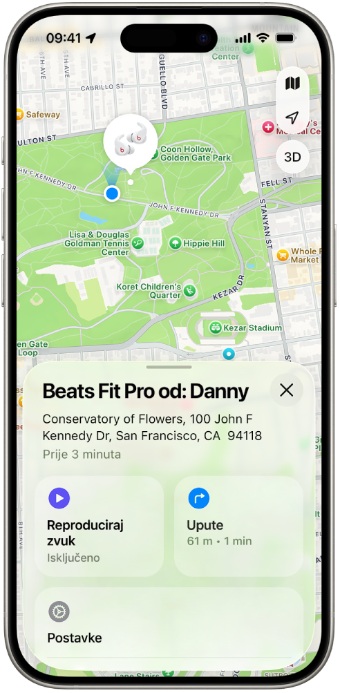 Zaslon aplikacije Pronalaženje na iPhoneu prikazuje lokaciju slušalica Beats Fit Pro na karti San Francisca.