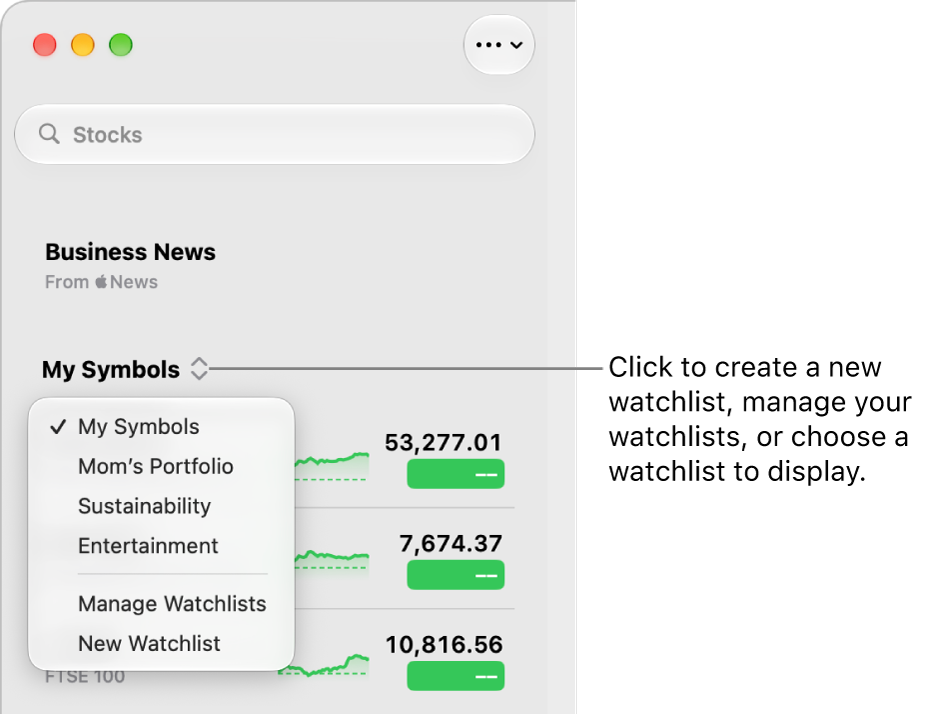 A Stocks window showing the search field, the current watchlist, and the watchlist menu.
