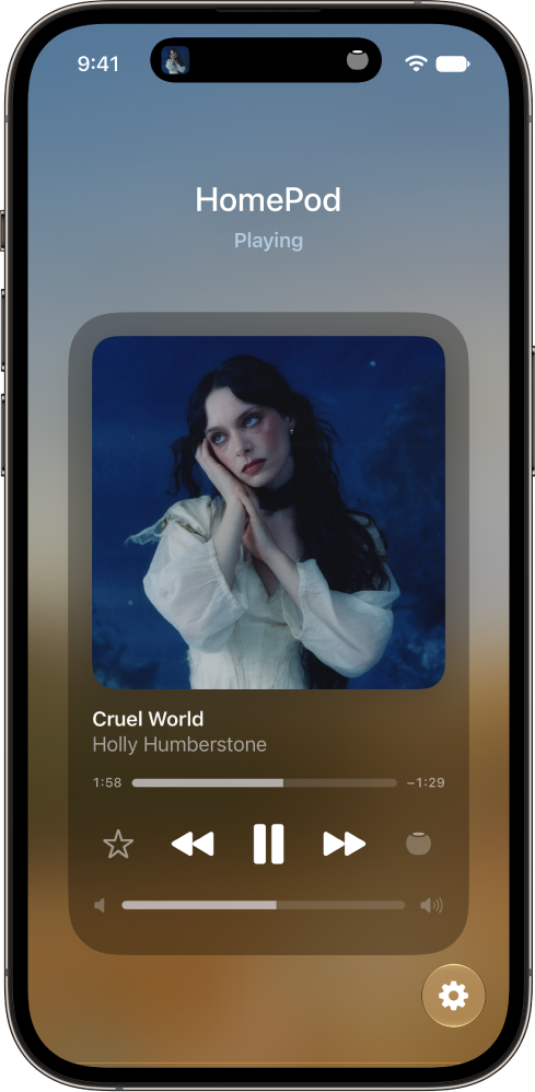 The HomePod screen in the Home app, showing the Settings button at the bottom right.