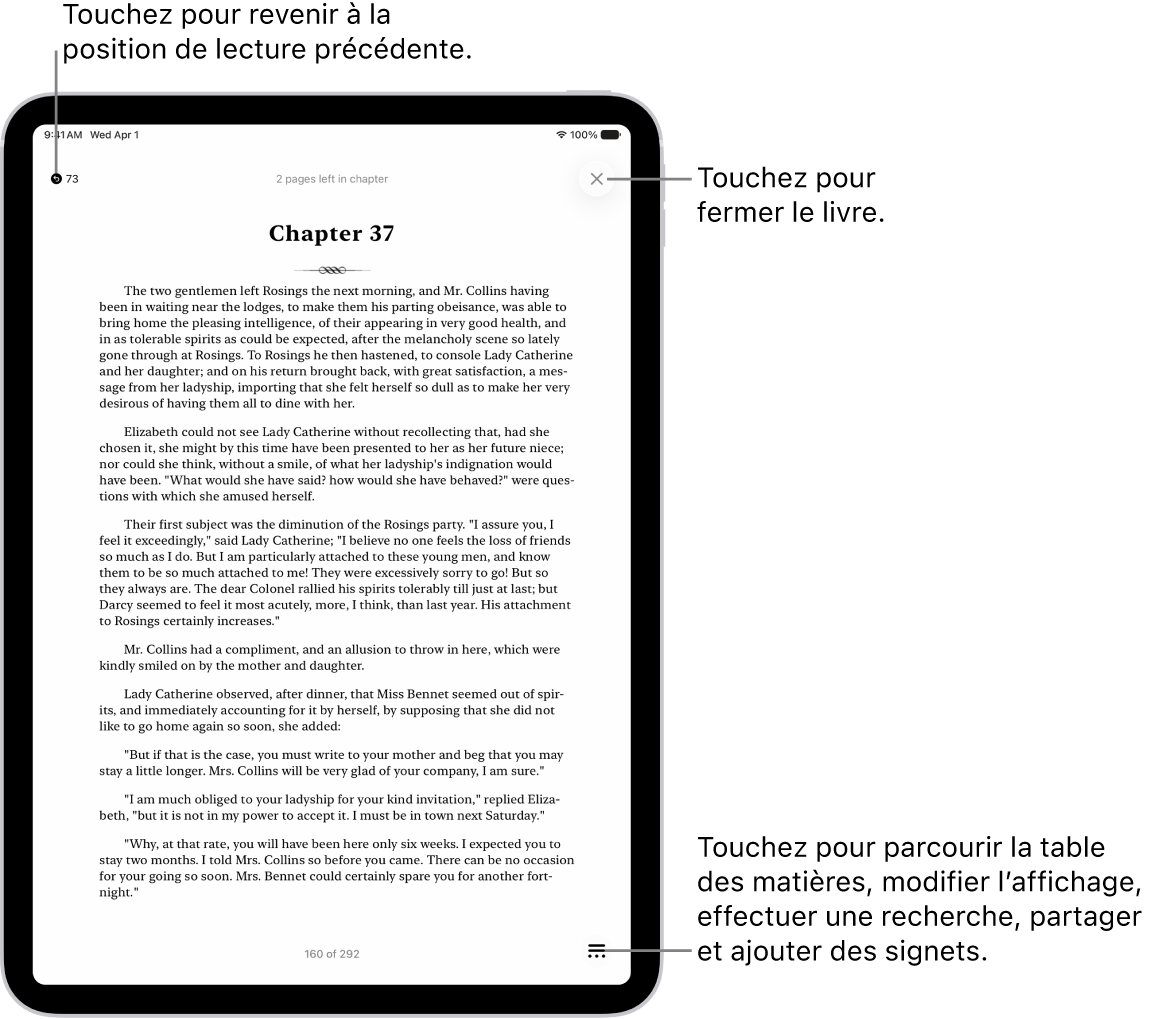Une page d’un livre dans l’app Livres. En haut de l’écran se trouvent les boutons permettant de revenir à la page où la lecture a commencé et de fermer le livre. En bas à droite de l’écran se trouve le bouton Menu.