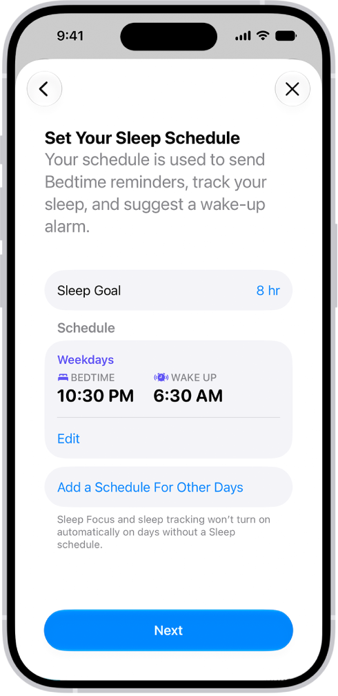 The sleep schedule screen in Health, showing a sleep goal, a sleep schedule, and an option to add a sleep schedule for other days.