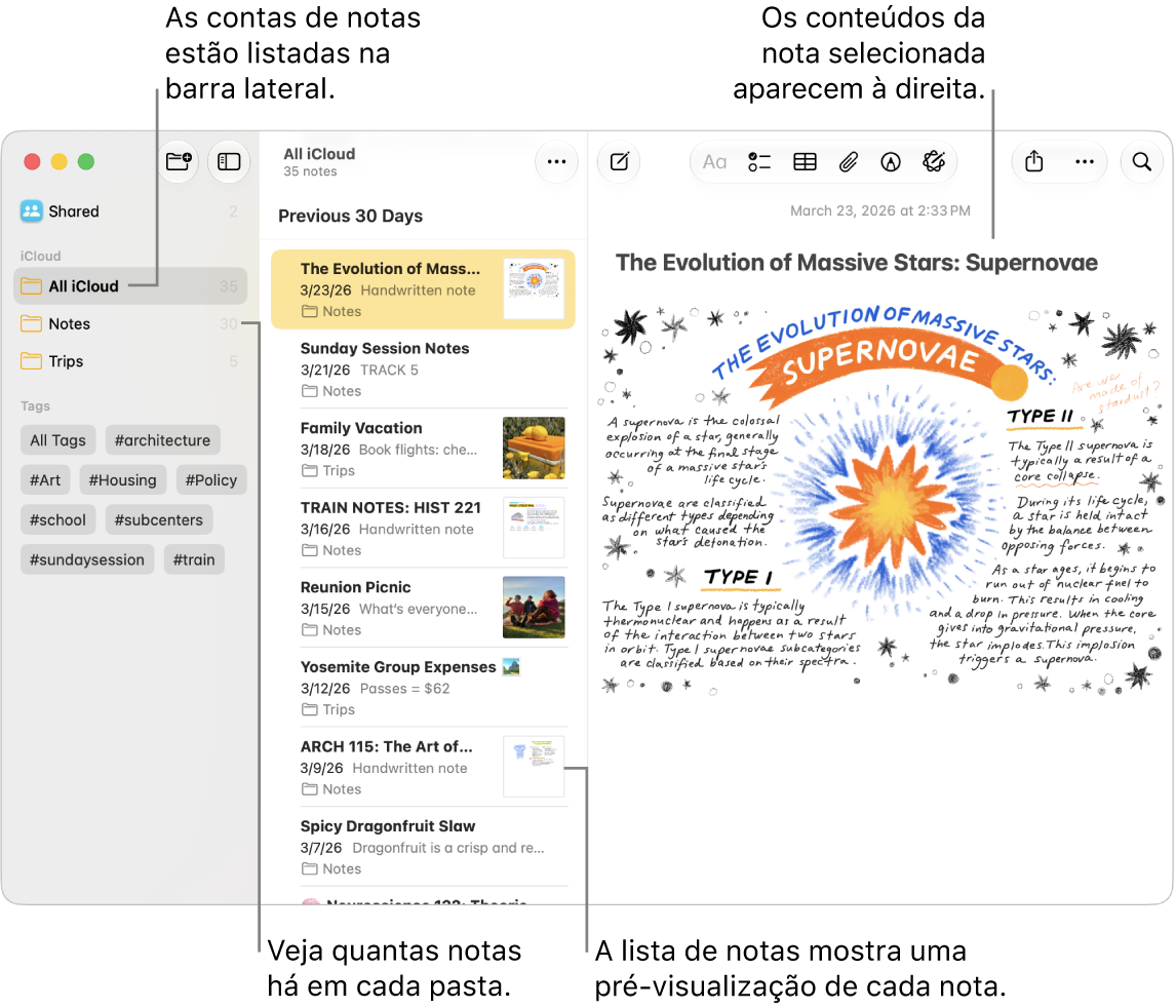 Uma janela do app Notas no Mac com todas as contas configuradas e pastas listadas na barra lateral à esquerda, a lista de notas no meio mostrando a pré-visualização de cada uma delas e o conteúdo da nota selecionada à direita. O número de notas aparece ao lado de cada pasta.