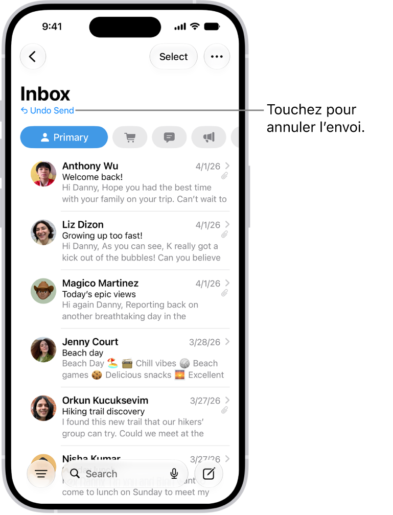 La boîte de réception, affichant une liste de messages. Le bouton «&nbsp;Annuler l’envoi&nbsp;» (permettant de retirer un message envoyé récemment) se trouve au centre de l’écran, en bas.
