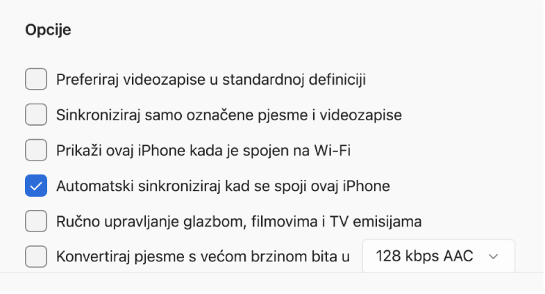 Opcije za sinkroniziranje vašeg Apple uređaja i uređaja sa sustavom Windows. Odabrana je opcija “Automatski sinkroniziraj kad se spoji ovaj iPhone”.