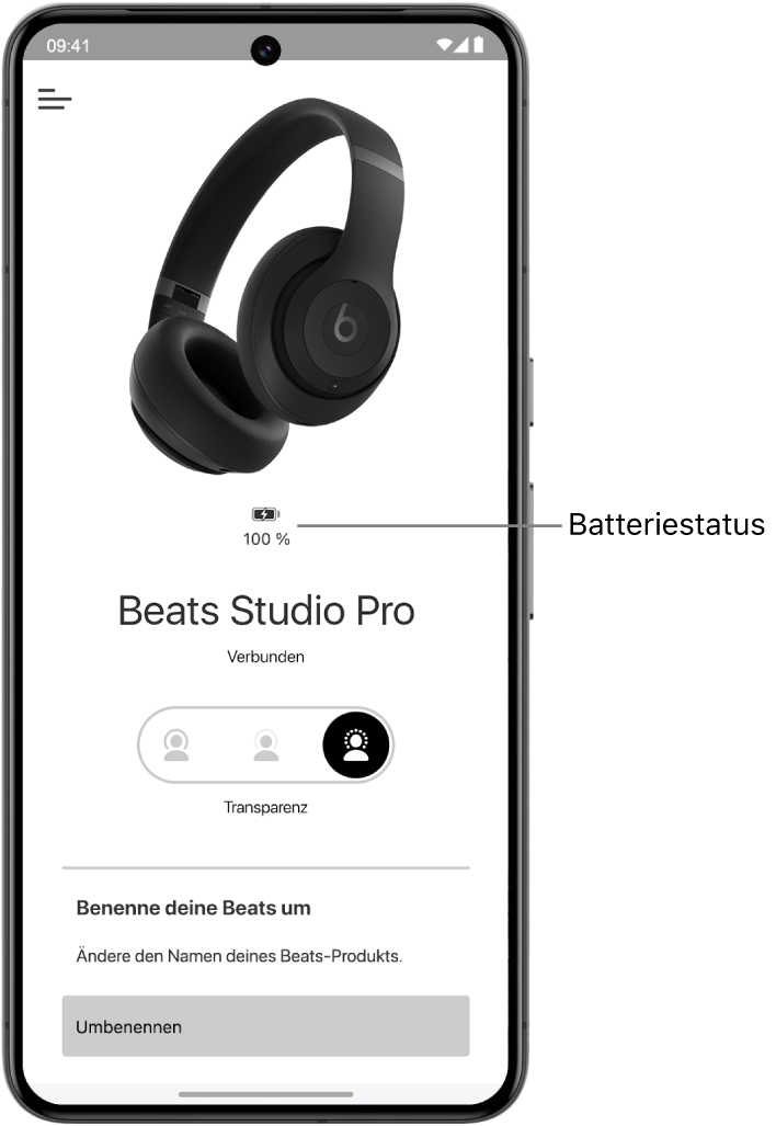 Der Gerätebildschirm der Beats-App zeigt den Batteriestatus verbundener Beats&nbsp;Solo&nbsp;4-Kopfhörer.