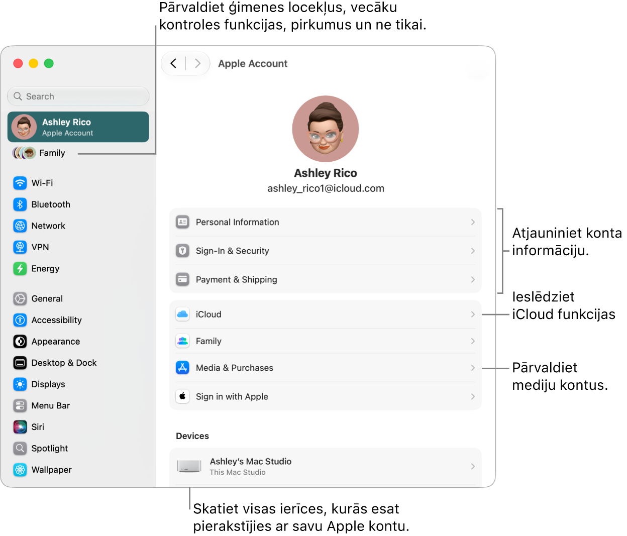 Apple&nbsp;konta iestatījumi izvēlnē System Settings ar remarkām, lai atjauninātu konta informāciju, ieslēgtu vai izslēgtu iCloud funkcijas, pārvaldītu mediju kontus un pielāgotu Family iestatījumus, kur varat pārvaldīt ģimenes locekļus, vecāku kontroles funkcijas, pirkumus un ne tikai.