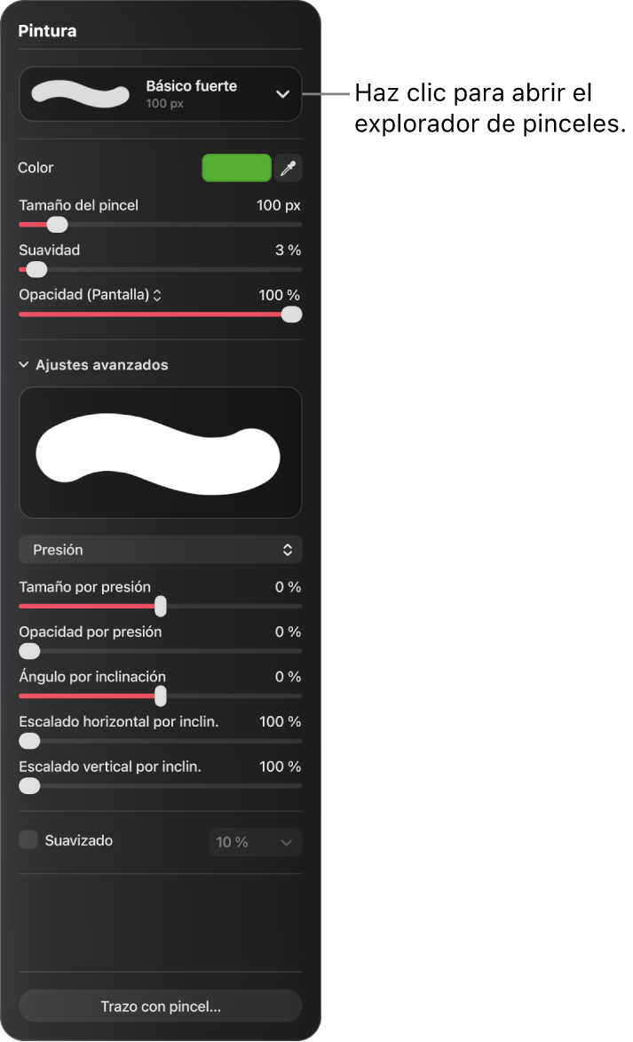 El panel “Pintar”, con controles de tamaño, suavidad, opacidad y otras propiedades del pincel.