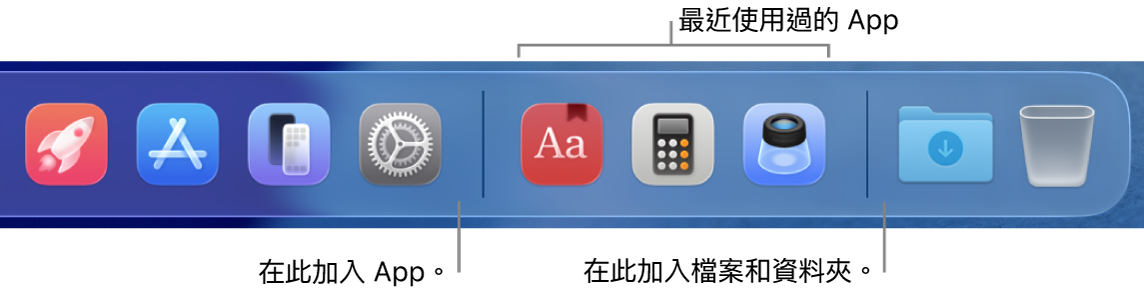一部份的 Dock 會顯示 App、最近使用過的 App 和檔案與資料夾之間的分隔線。