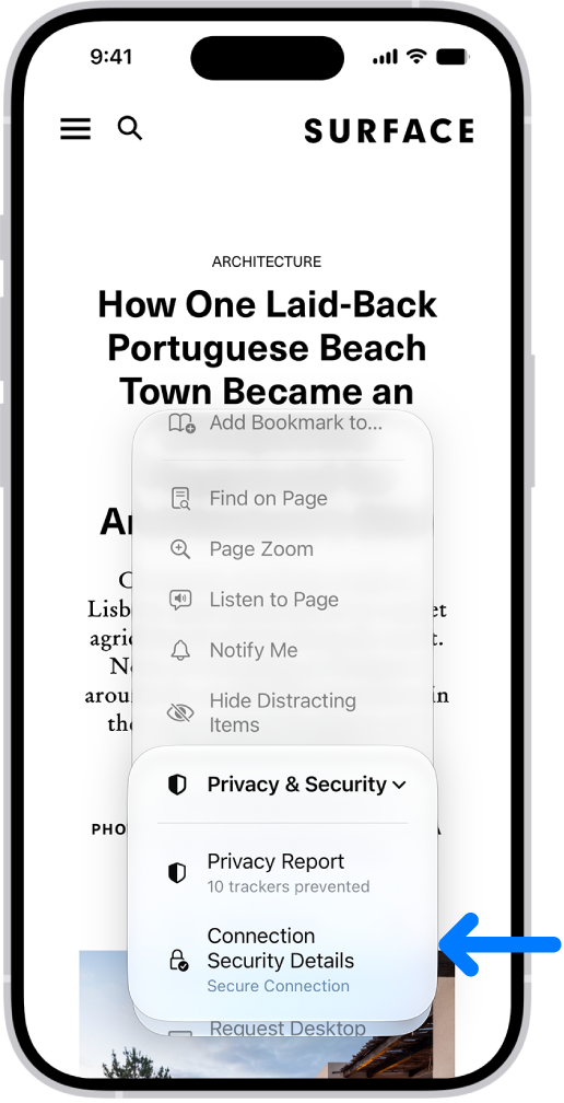 The Page Menu is open in Safari, and the Connection Security Details control is midway down the page.