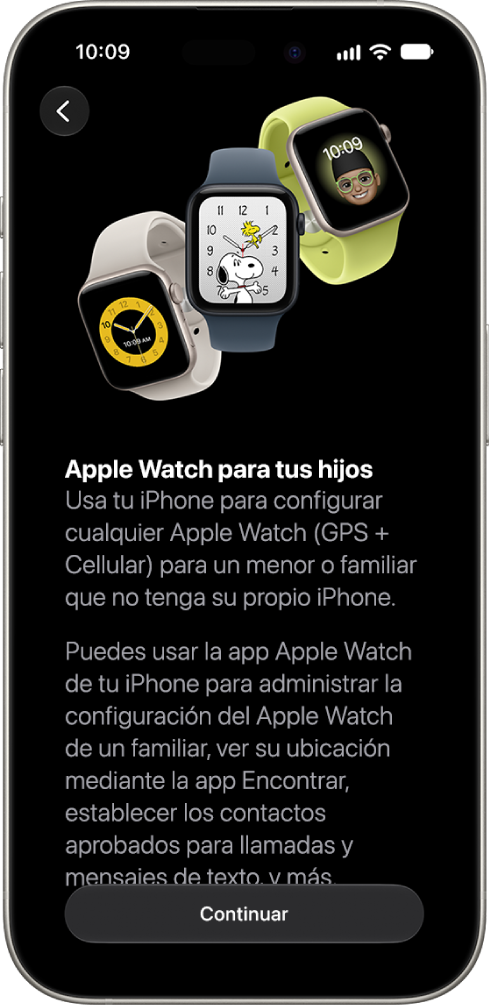 La pantalla de Configurar un Apple&nbsp;Watch para tus hijos muestra la opción de continuar con la configuración.