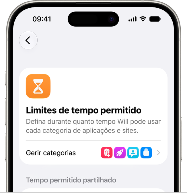 O painel das definições de Tempo de ecrã da funcionalidade Limites de tempo.