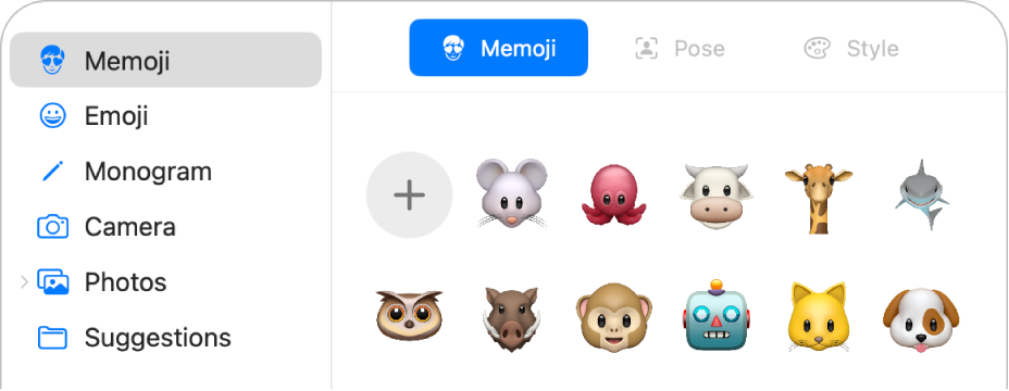 The Apple&nbsp;Account picture options with Memoji selected in the sidebar and various Memoji shown.