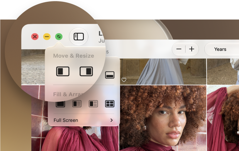The red (close), yellow (minimize), and green (full-screen) buttons in the top-left corner of an app window.