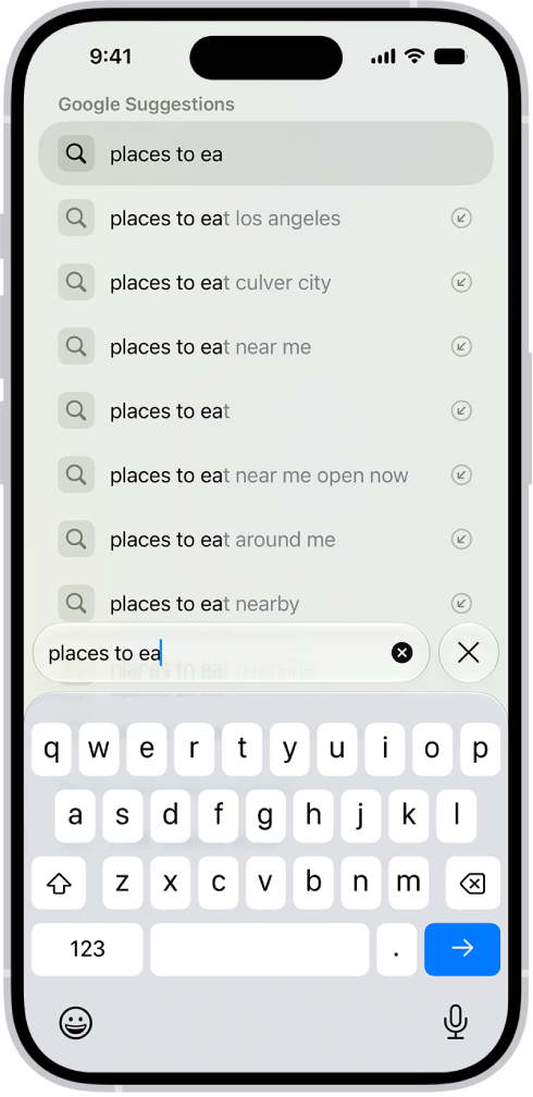A Safari search screen, with the onscreen keyboard at the bottom of the screen. Above the keyboard, the search field contains text, and related search suggestions are listed above.