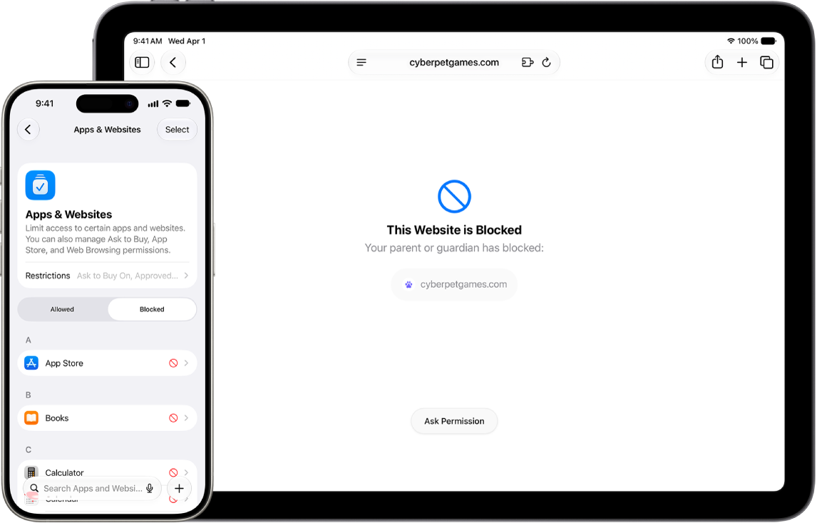 A parent's iPhone showing Apps & Websites settings with a list of blocked websites. A child's iPad showing a block website on Safari.