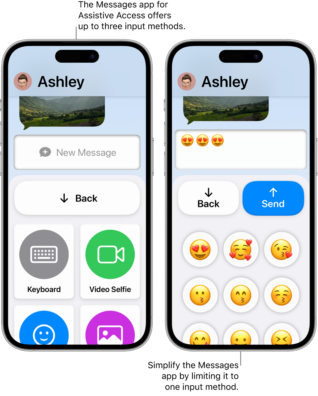 Two iPhone screens in Assistive Access. One iPhone shows the Messages app with input methods for the user to choose from, like Keyboard or Video Selfie. The other shows a message being sent using an emoji-only keyboard.