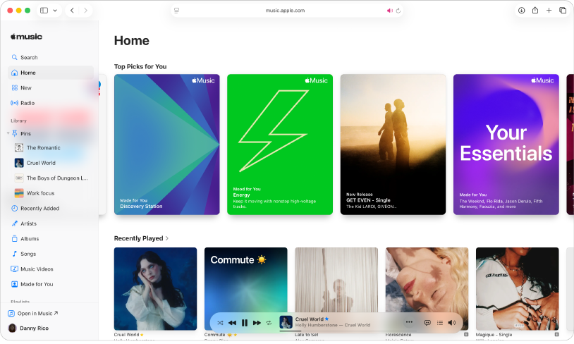 The Apple Music window in Safari showing the Home screen.