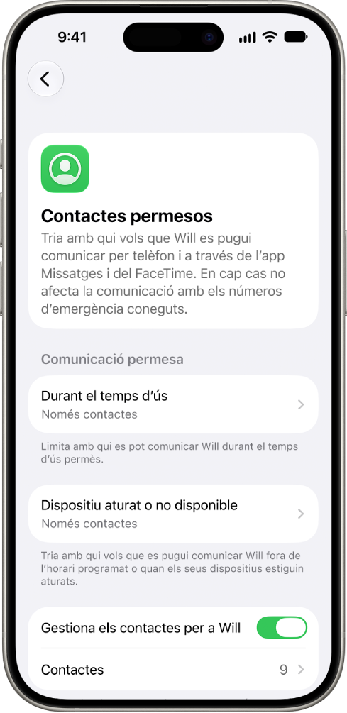 Pantalla de comunicació segura de la configuració del temps d’ús amb les opcions de comunicació permesa durant el temps d’ús, de comunicació permesa quan els dispositius estan en pausa i de gestió de contactes.