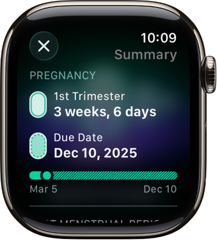Écran dans l’app Suivi de cycle montrant le résumé d’une grossesse, avec un âge gestationnel et une date d’accouchement au centre de l’écran.