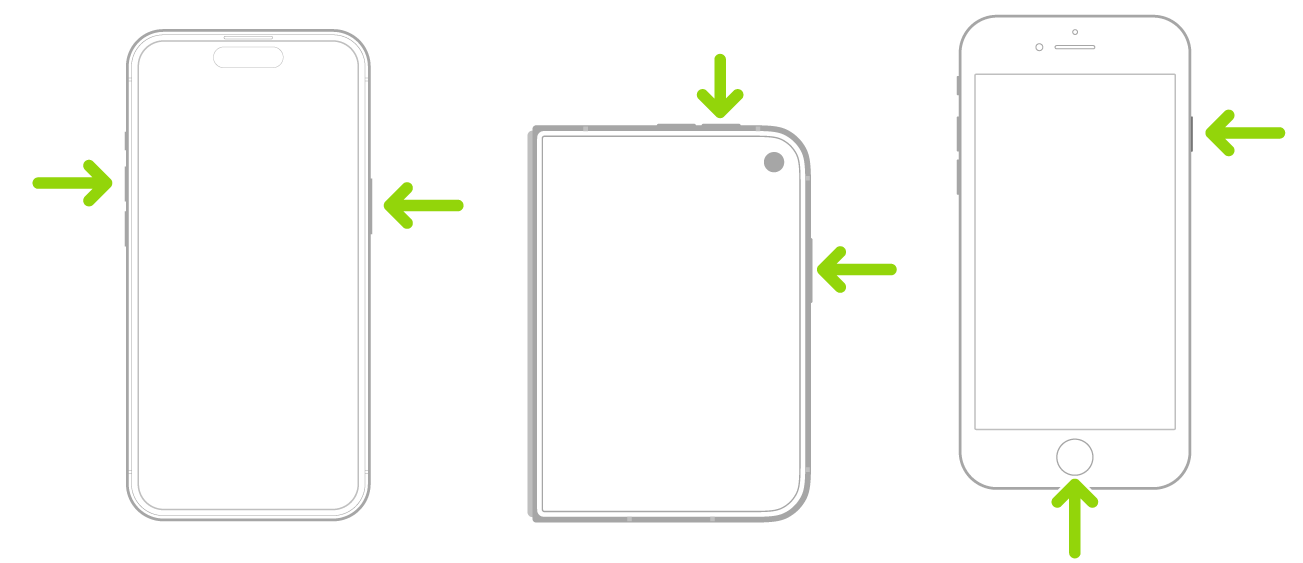 Trys skirtingi „iPhone“ modeliai, kuriuose rodomas šoninis mygtukas, garsumo mygtukai ir pradžios mygtukas.