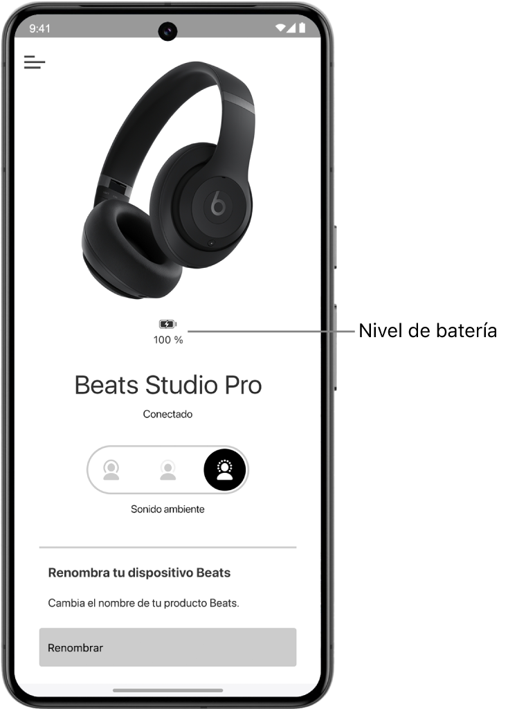 Pantalla de la app Beats con el nivel de la batería de los auriculares Beats&nbsp;Solo&nbsp;4 conectados.