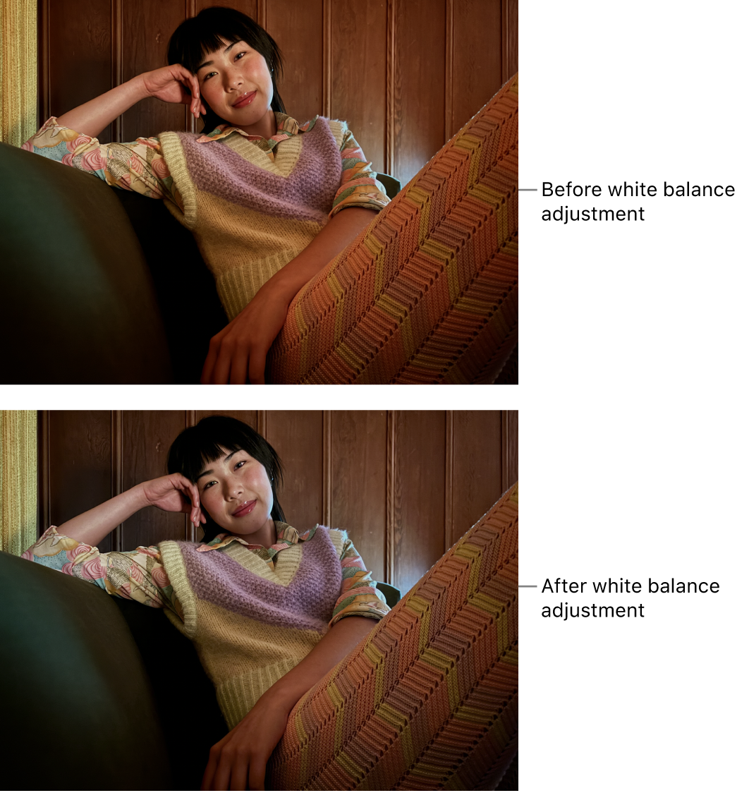 A photo before and after a white balance adjustment.