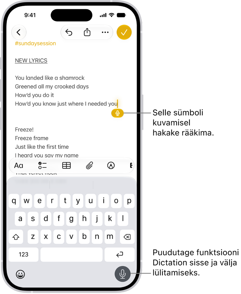 Rakenduses Mail on avatud ekraaniklaviatuur. Ekraani alumisest paremast nurgast on valitud nupp Dictation ning tekstiväljal kuvatakse sisestuspunkti all nuppu Dictation.