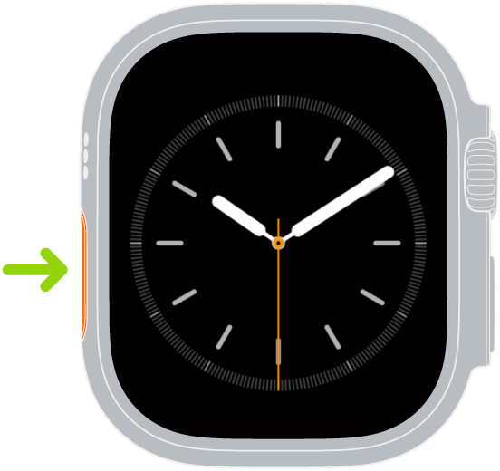 Illustration of Apple&nbsp;Watch with an arrow pointing to the Action button on the left side.