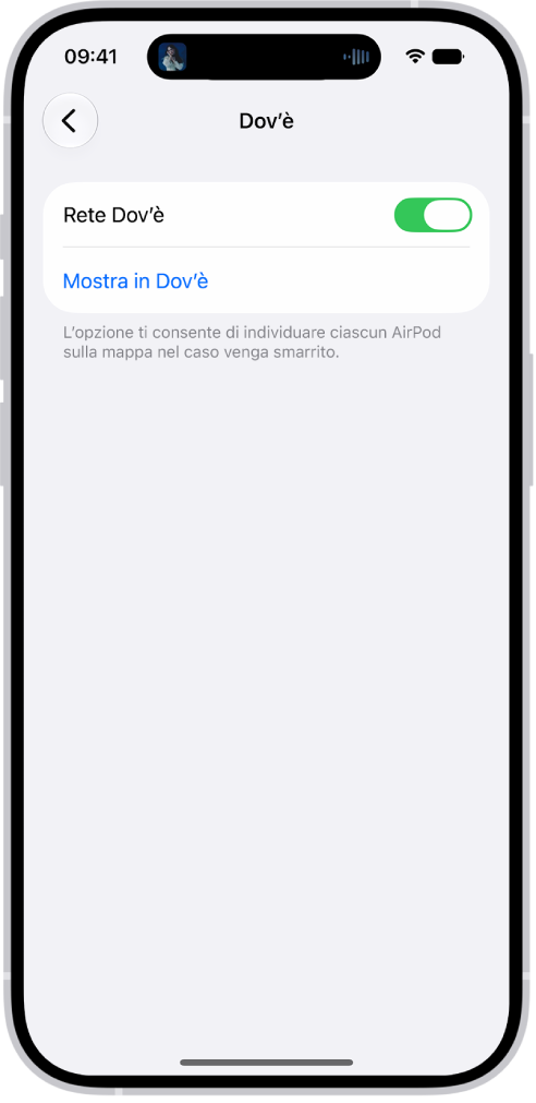 Le impostazioni del Bluetooth di iPhone con le opzioni per gli AirPods&nbsp;Pro. La rete Dov’è è attiva ed è possibile individuare gli AirPods singolarmente su una mappa ogni volta che vengono smarriti.