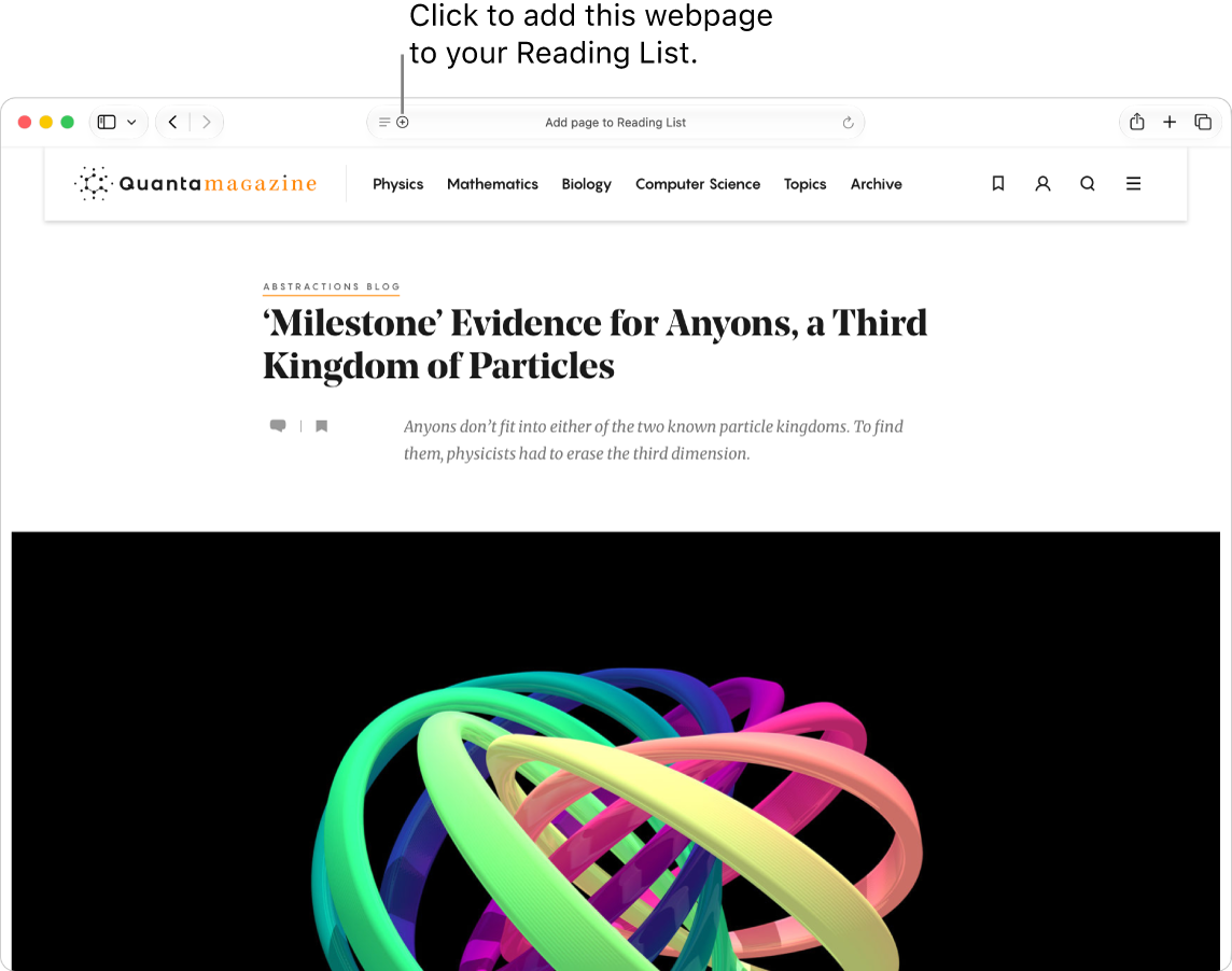 Webpage showing a physics article, with the Share button clicked and Add to Reading List selected.