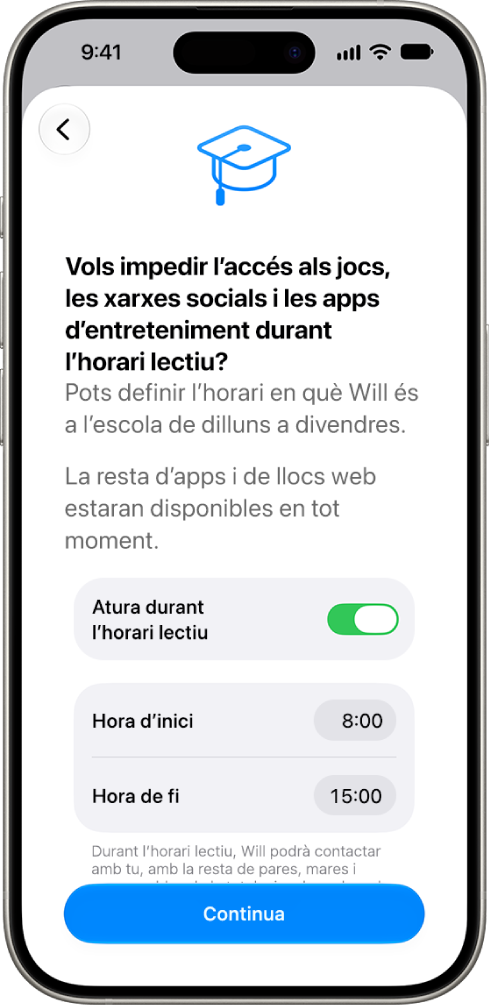 A la pantalla de configuració dels controls parentals es mostren les hores en què l’ús del dispositiu s’ha de posar en pausa durant l’horari lectiu.