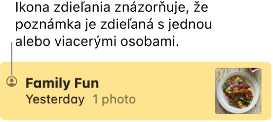 Poznámka, ktorá bola zdieľaná s&nbsp;ostatnými v&nbsp;konverzácii v&nbsp;apke Správy označená ikonou Zdieľané naľavo od jej názvu.